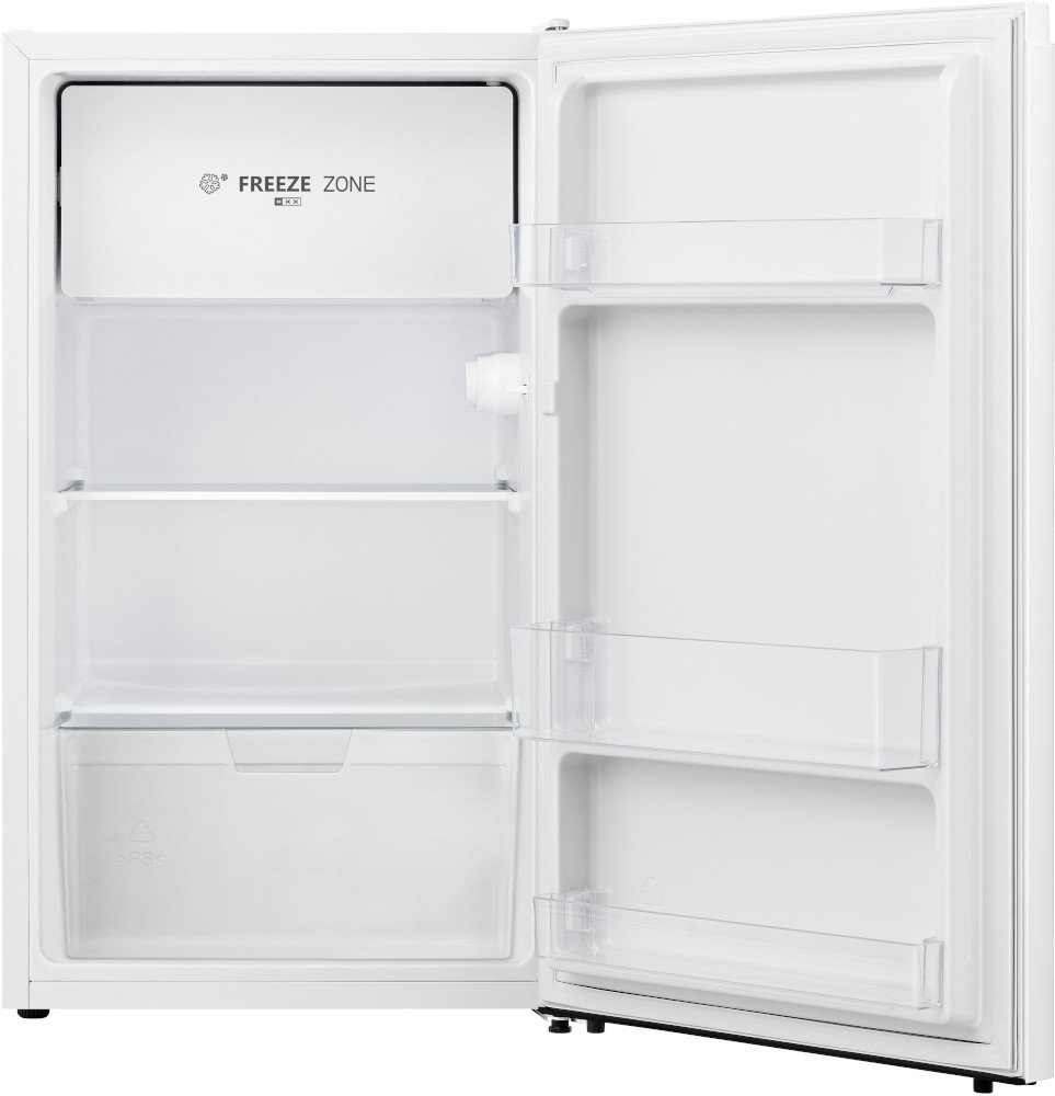 Réfrigérateur blanc avec porte ouverte. Étagères et tiroirs visibles à l'intérieur.