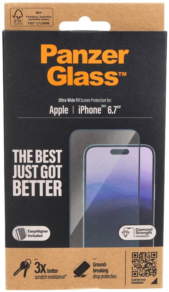 Pudełko PanzerGlass do ochrony ekranu iPhone 6,7". Tekst: Ultra-Wide Fit, The Best Just Got Better.