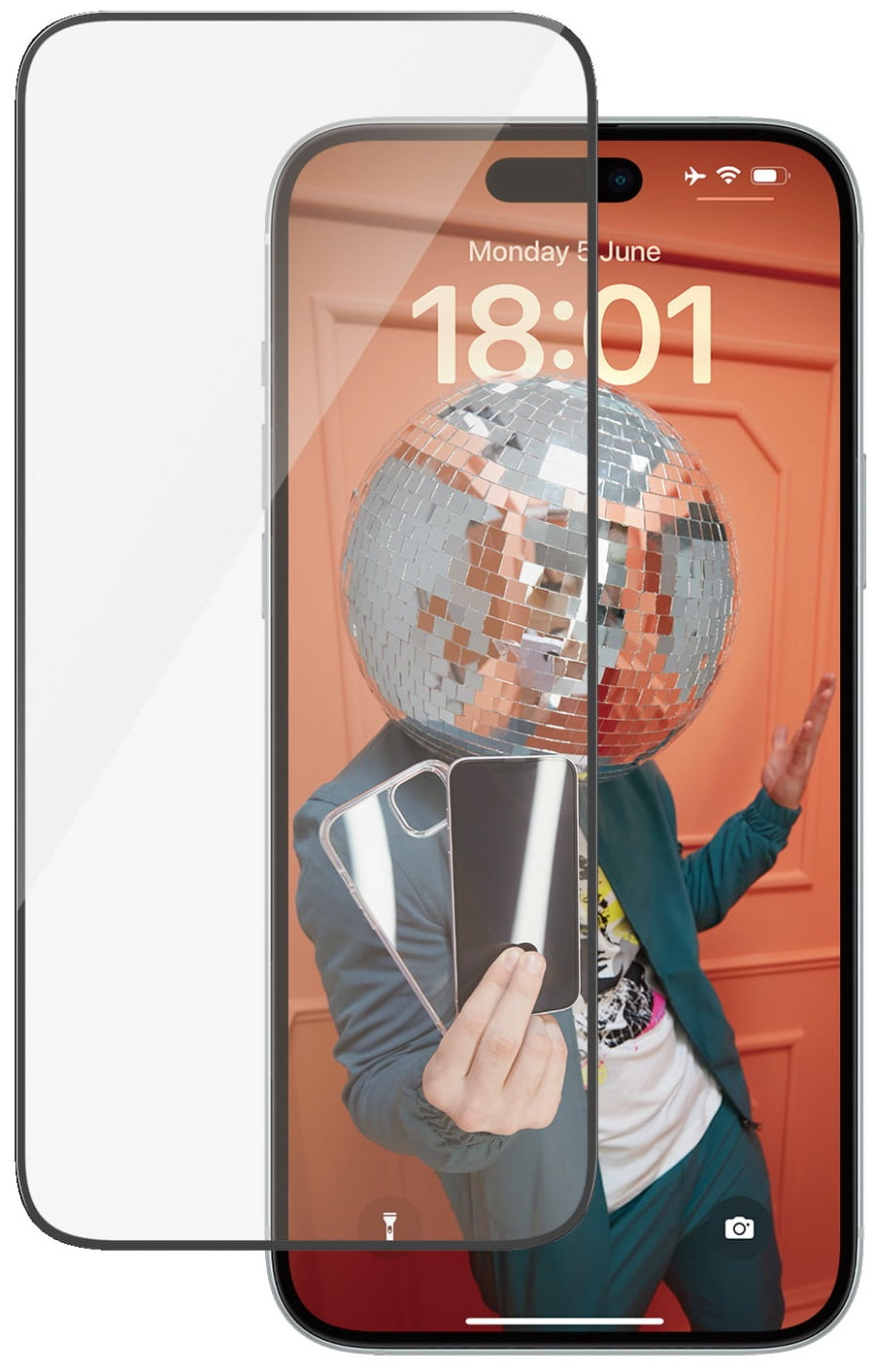 Telefon z ochraniaczem ekranu, pokazujący osobę z głową kuli dyskotekowej. Tło brzoskwiniowe.
