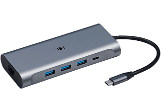 ISY IAD-1025-1 USB 3.1 Type-C M.port adapter, 1x 4K HDMI, 3xUSB-A, 1x LAN, 1xUSB-C, jack, CR (2V225519), szürke