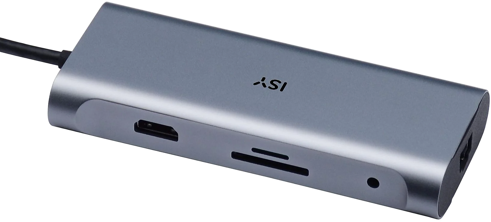 Egy ezüst ISY USB-C hub több porttal. Tartalmaz HDMI-t, SD kártyahelyet és egy USB-C portot.