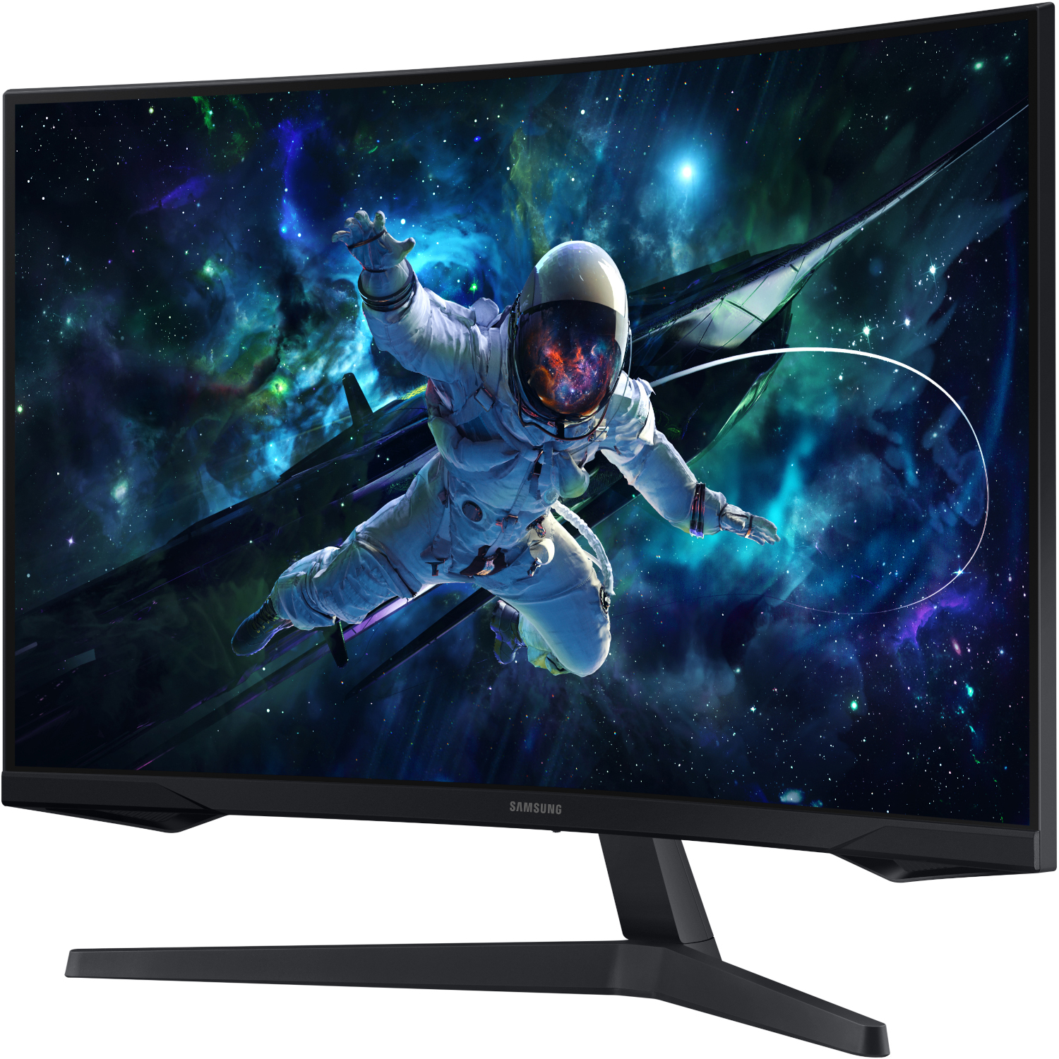A curved monitor displays an astronaut in space. The background is a nebula.