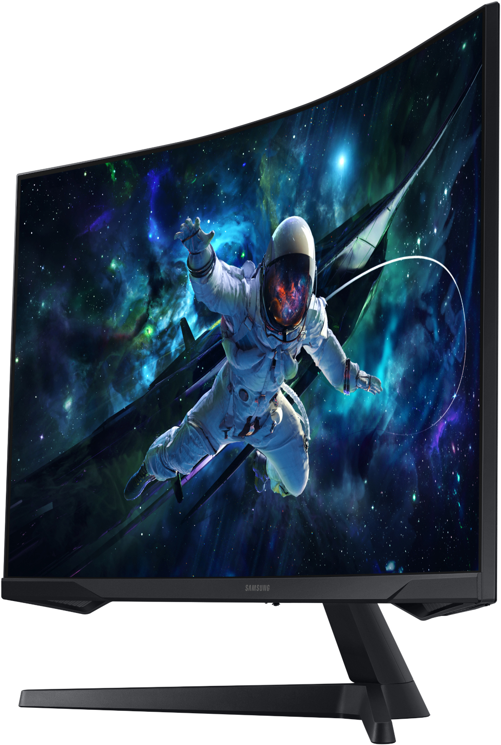 Curved black monitor shows an astronaut in space. Samsung logo is visible. The monitor has a black stand.