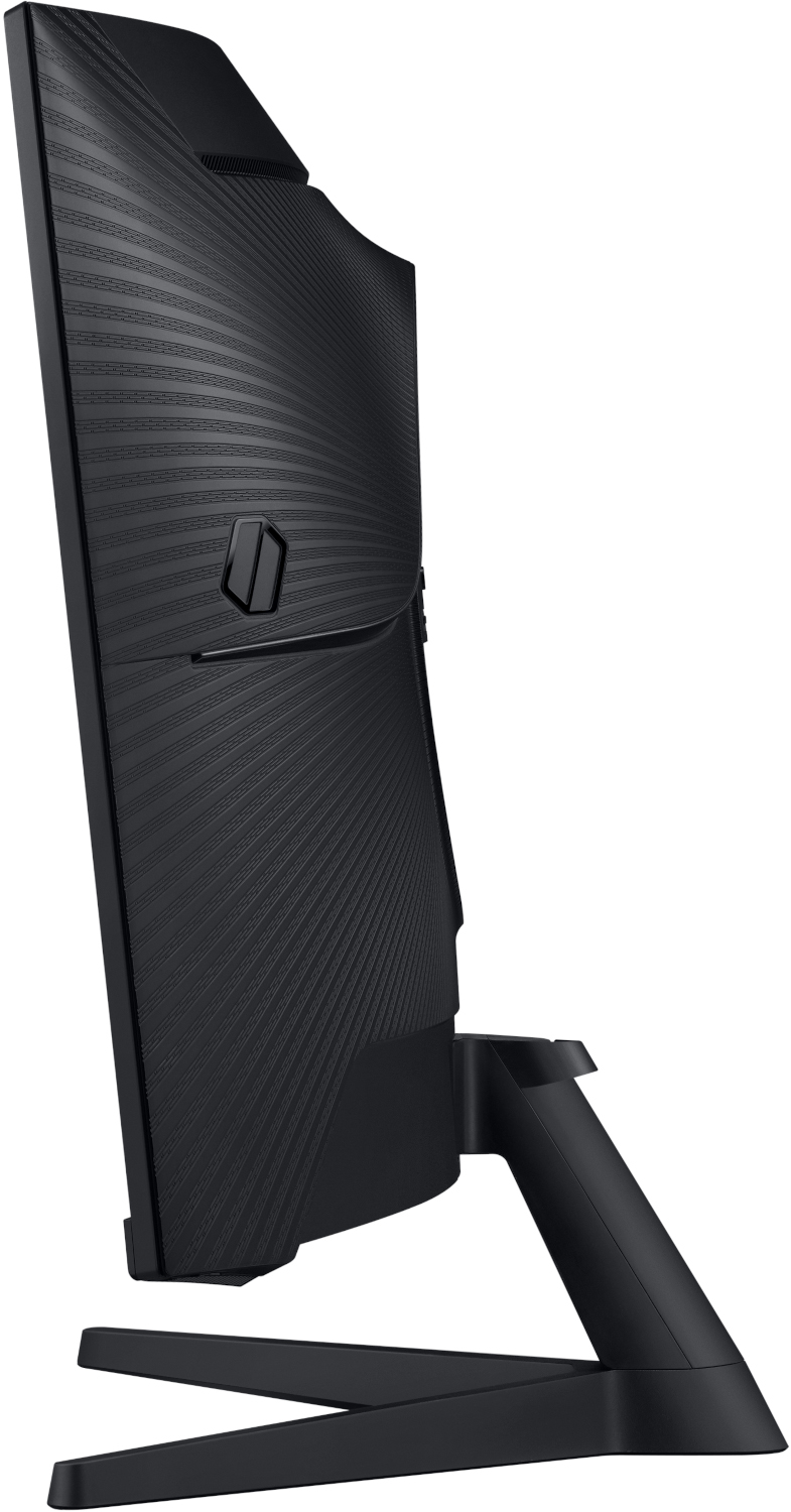 Side view of a black computer monitor with a textured back and a stand, isolated on white.