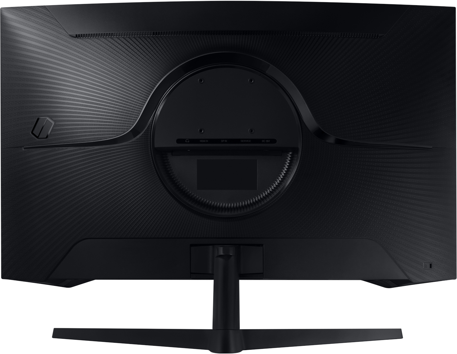 Black monitor back, with ports and stand attachment. Textured surface with Samsung logo.
