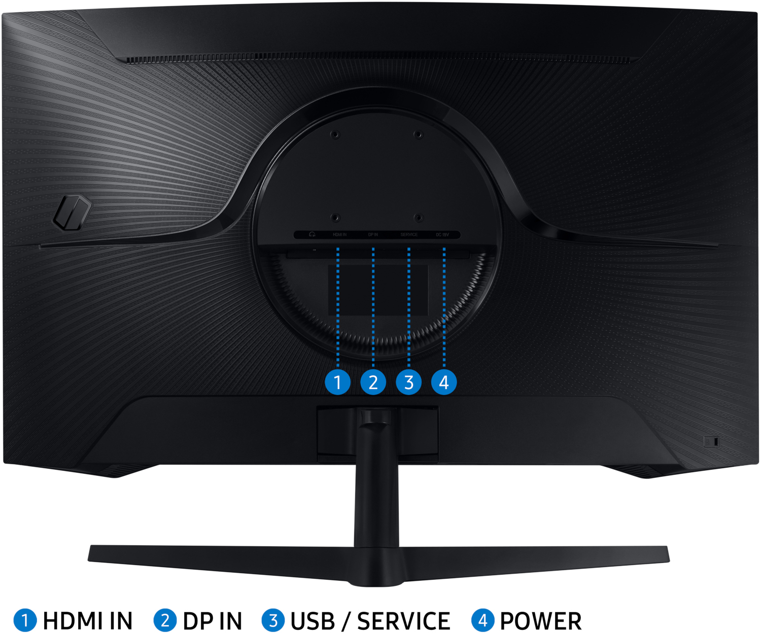 Back of a black computer monitor with ports at the bottom.