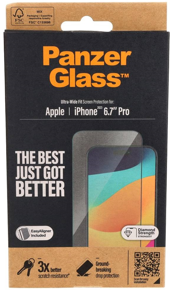 Pudełko na ochronę ekranu Panzer Glass do iPhone'a, z grafiką i tekstem.