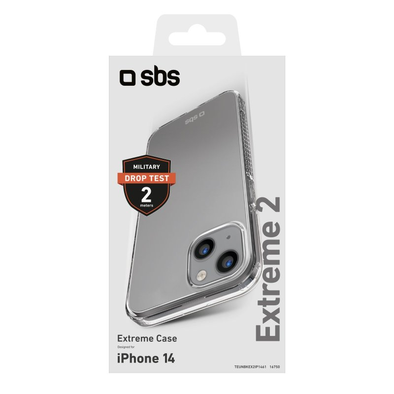 iPhone 14 Extreme Case in Verpackung. Klare Hülle mit Schutz-Falltest-Etikett.