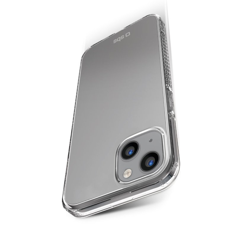 Ein iPhone 11 in einer transparenten Hülle mit einem transparenten Rand. Das Telefon ist angewinkelt.