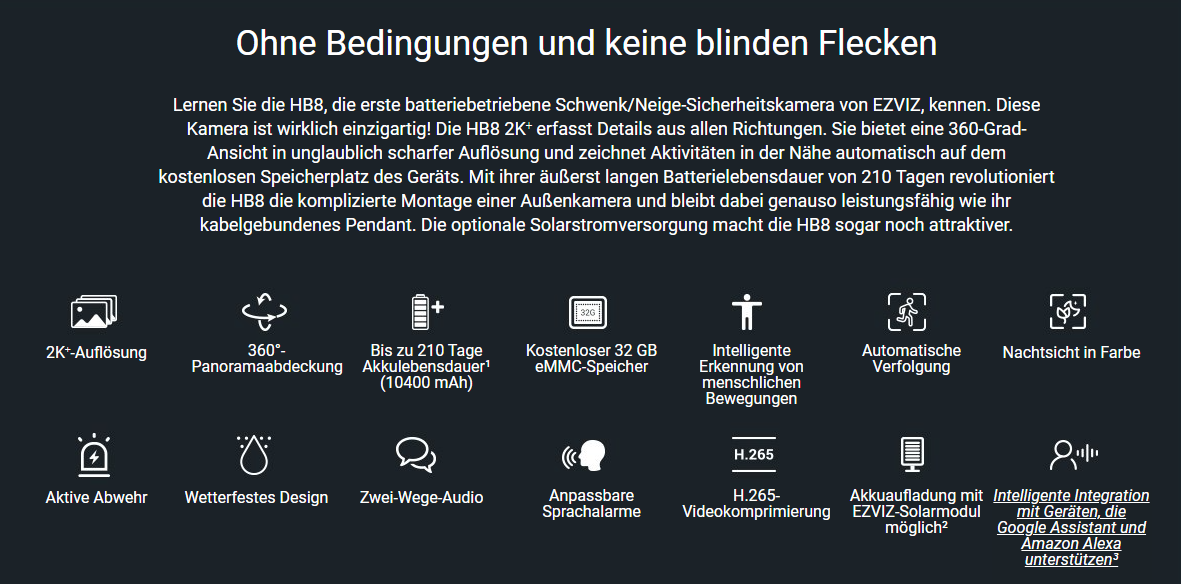 Details zur weißen Sicherheitskamera, mit Symbolen und Text auf dunklem Hintergrund.