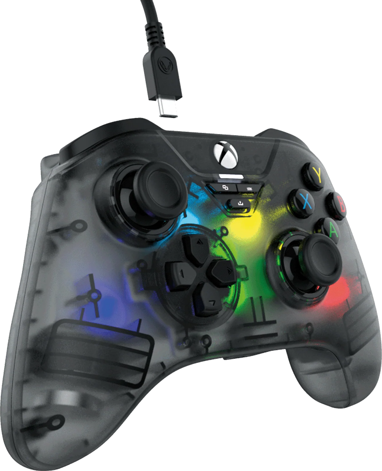 Átlátszó Xbox kontroller színes díszítéssel és USB-kábellel.