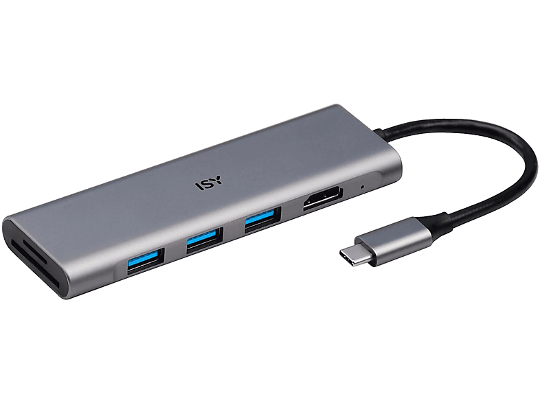 ISY IAD-1027-1 USB 3.1 Type-C Multiport adapter, 1x 4K HDMI, 3xUSB-A, SD kártyaolvasó, (2V225520), szürke