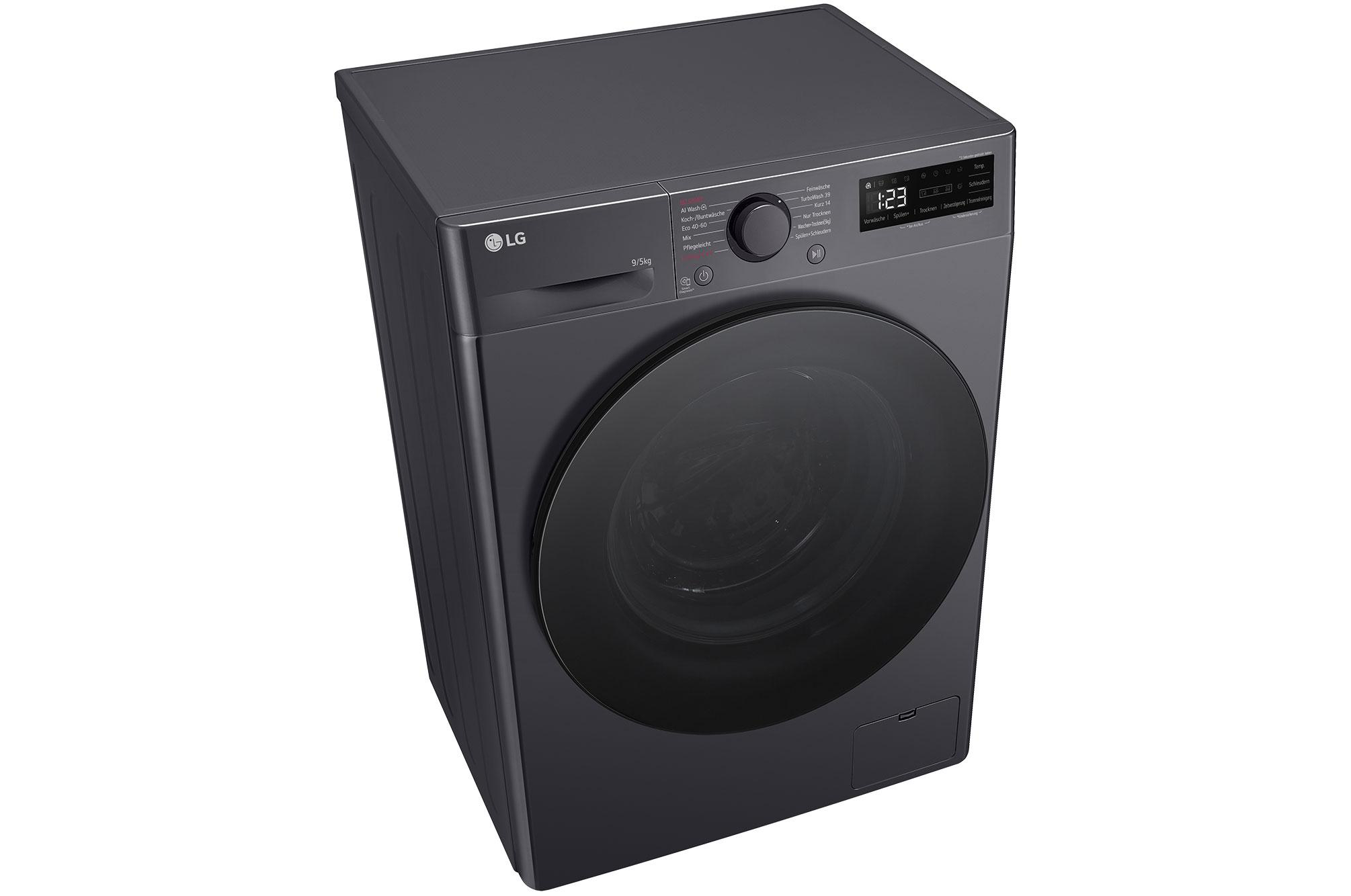 Schwarze Waschmaschine, Draufsicht, mit Bedienelementen und Glastür.