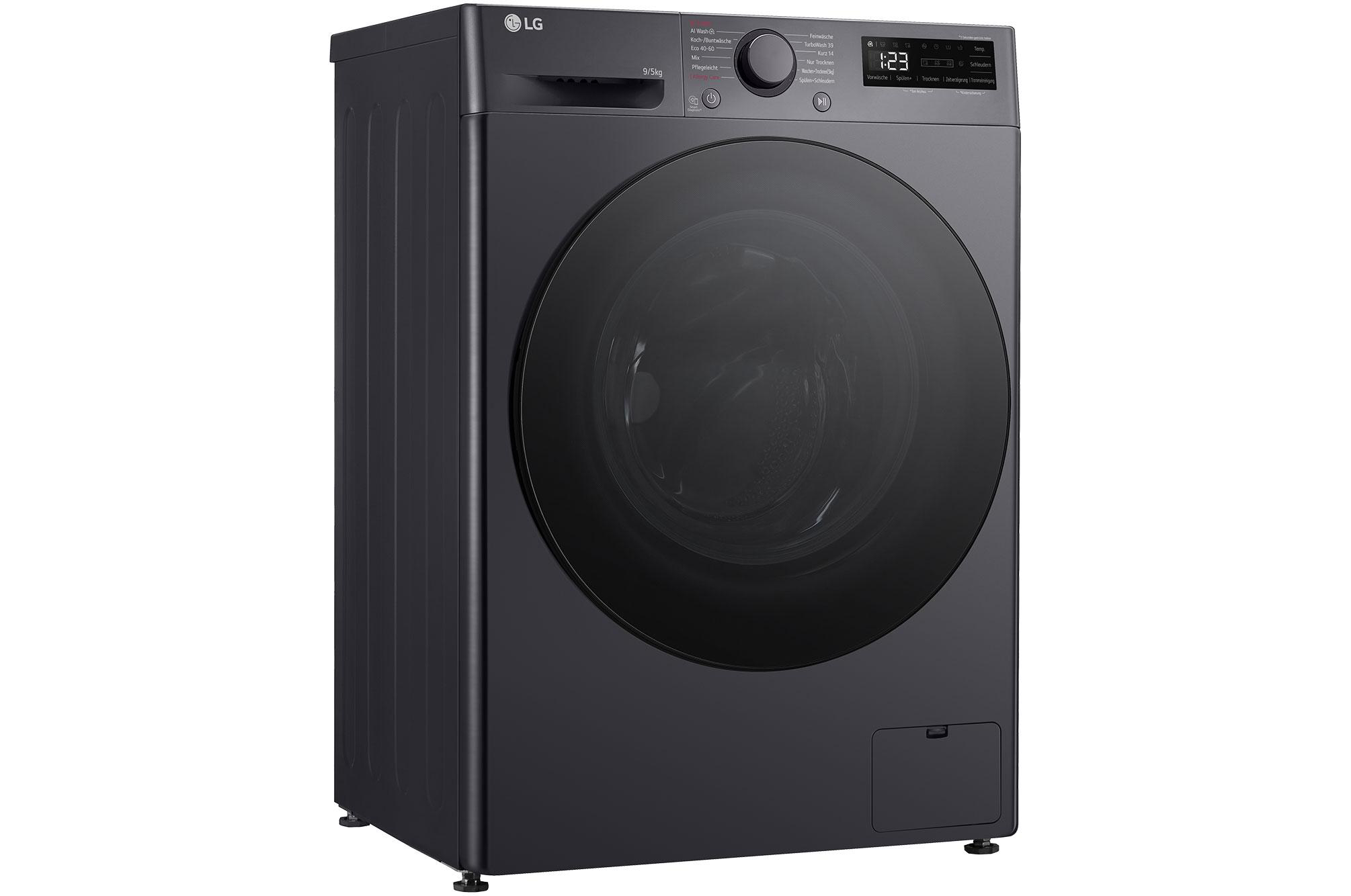 Dunkelgraue LG Waschmaschine. Frontlader mit schwarzer Tür. Digitales Display und Bedienfeld sichtbar.