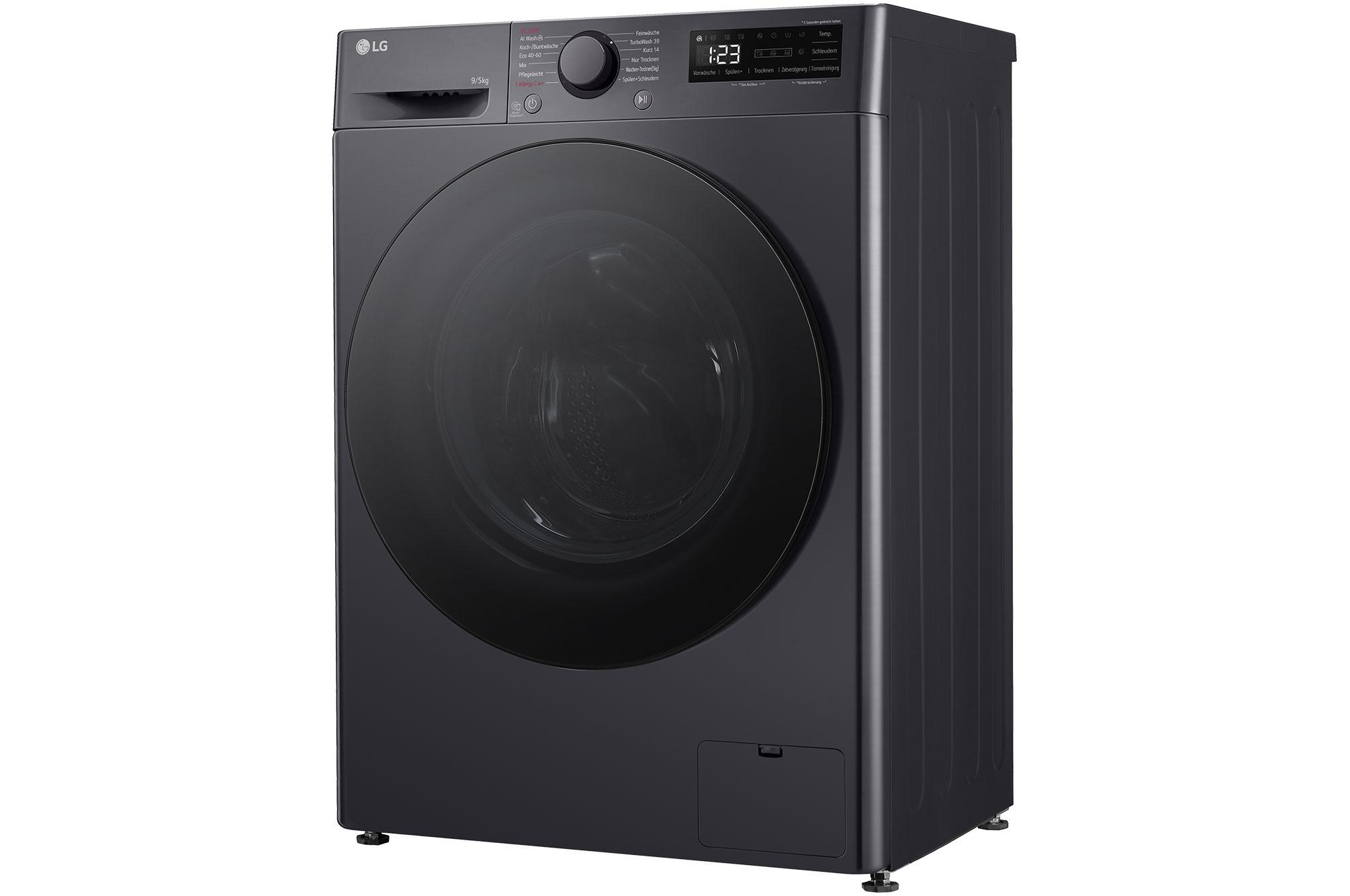 Schwarze LG Waschmaschine mit digitaler Anzeige, Seitenansicht.