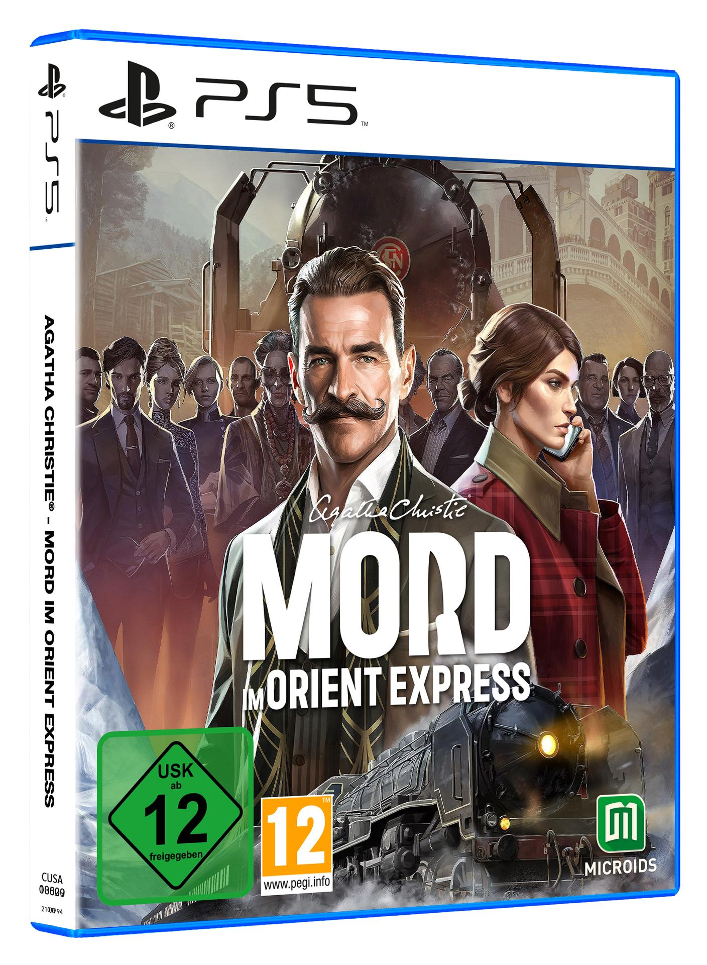 Spielbox für 'Mord im Orient Express' für PS5. Mann mit Schnurrbart, Frau.
