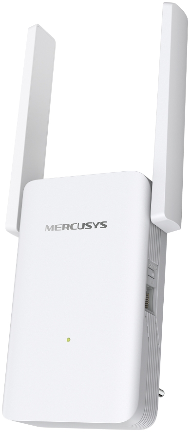 Egy fehér Mercusys Wi-Fi jelerősítő két antennával, a készülék dizájnját és funkcióit mutatva.