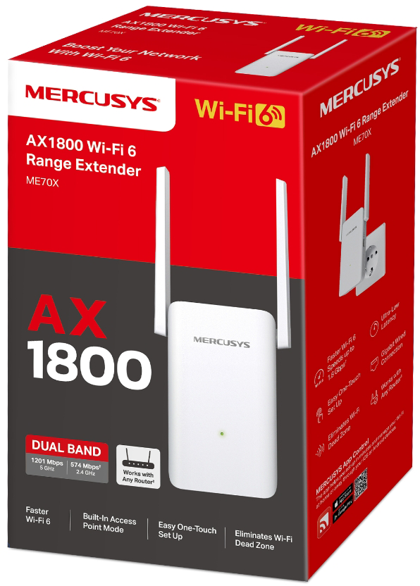 Mercusys Wi-Fi 6 Range Extender doboza, fehér eszköz antennákkal és Wi-Fi 6 logóval.