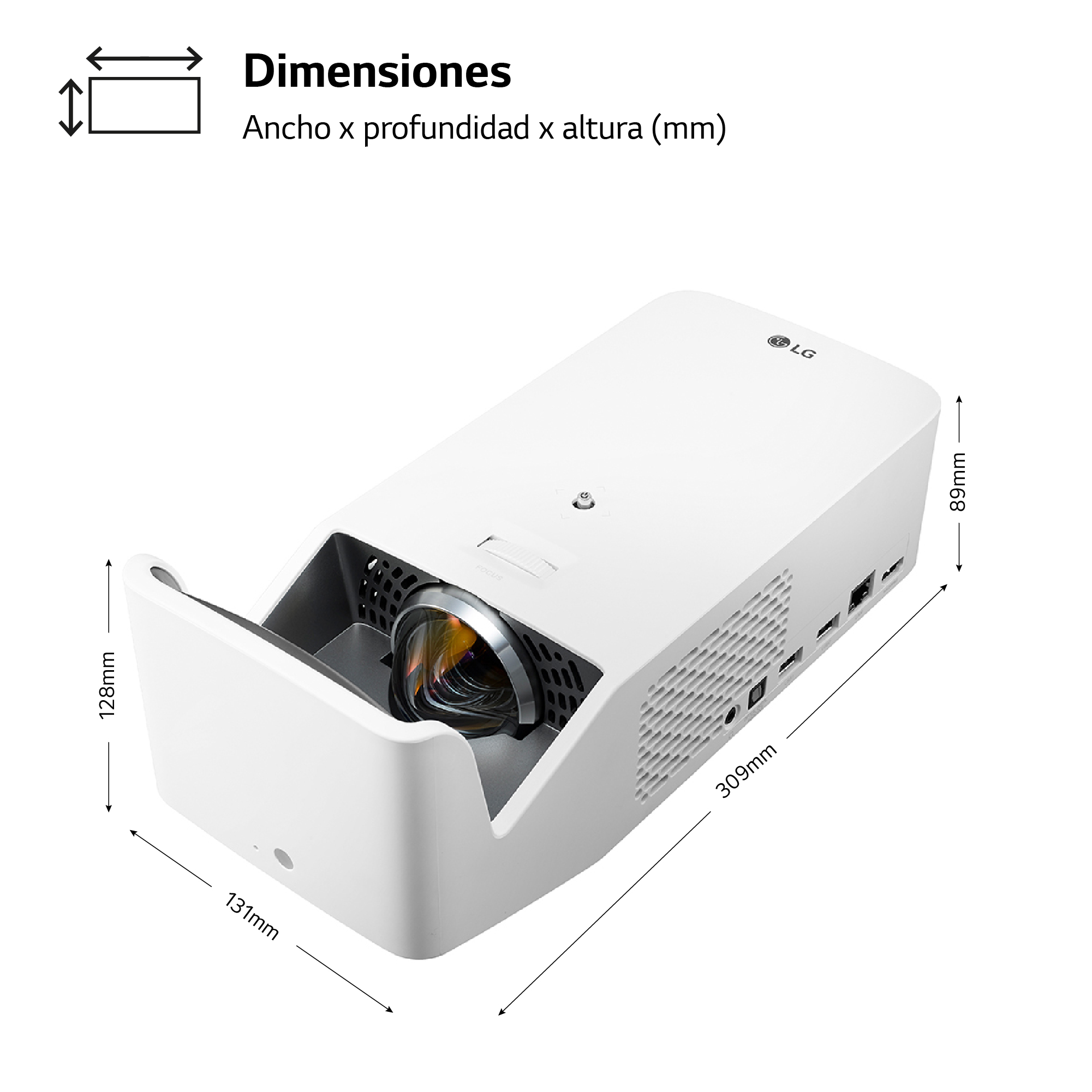 Proyector blanco con dimensiones en milímetros, mostrando el tamaño del dispositivo.