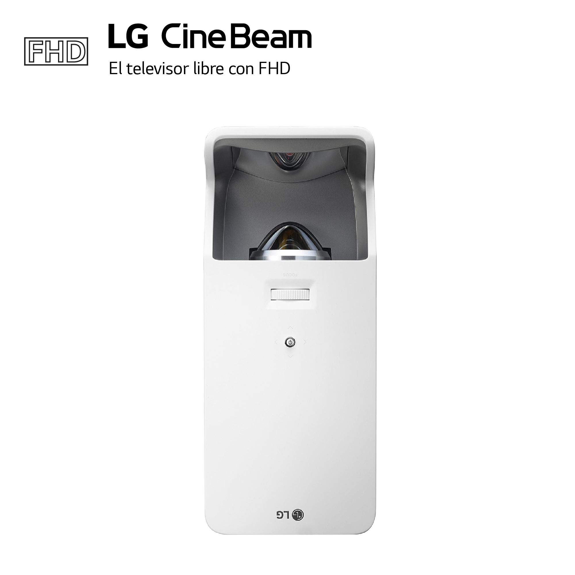 Un proyector LG CineBeam blanco con un compartimento de lente abierto, sobre fondo blanco.