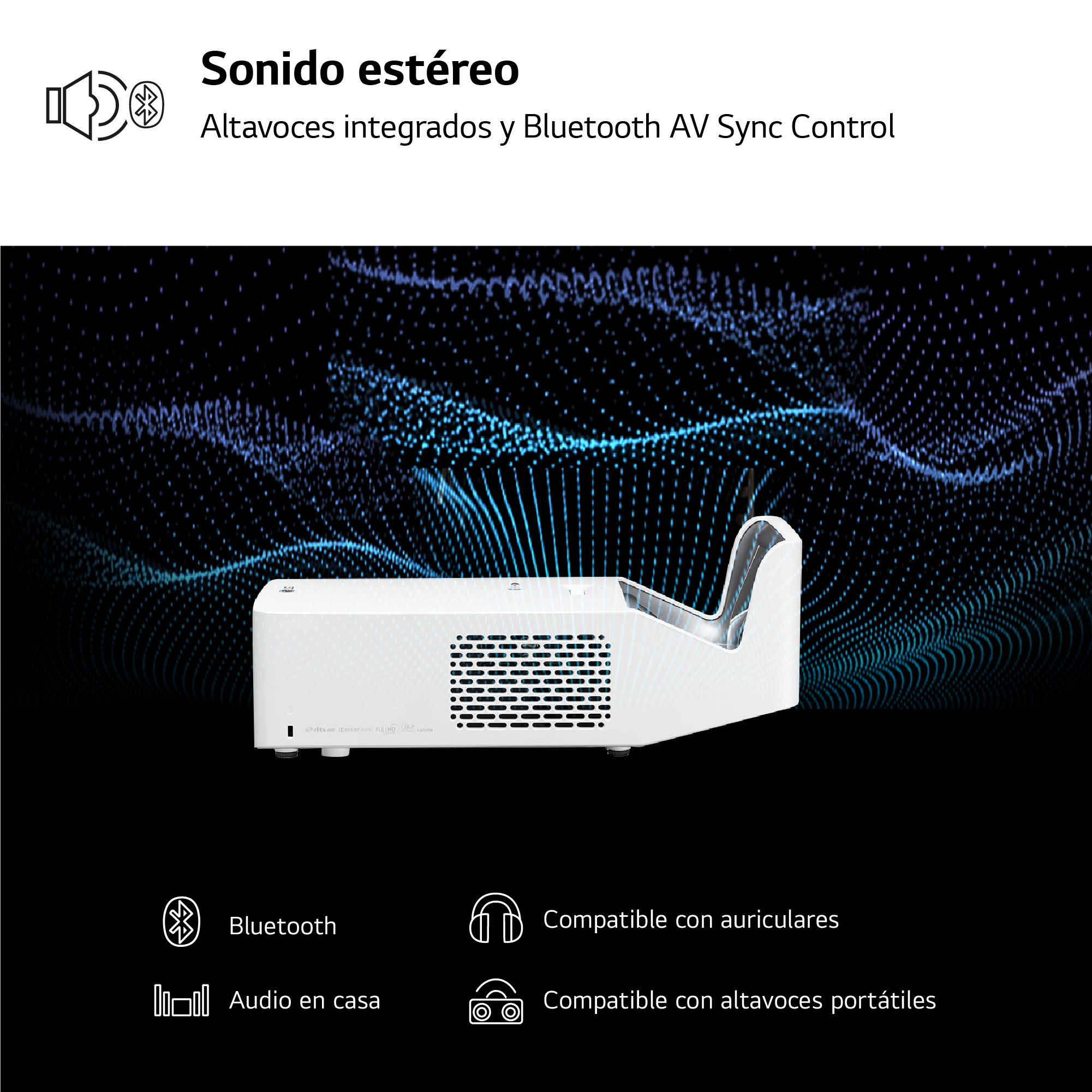 Un proyector blanco con diseño curvo. Está sobre una superficie. Texto en español describe las funciones de sonido.