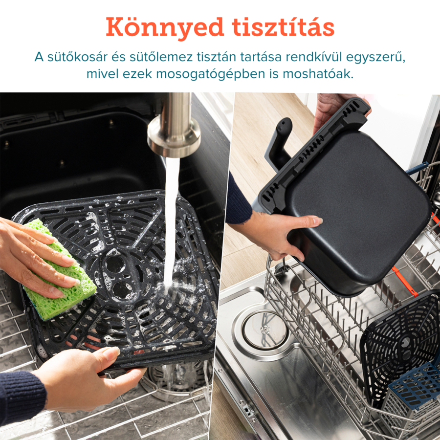 Egy személy egy légfrissítő kosarat mosogatóban mos, a másik pedig mosogatógépbe teszi.