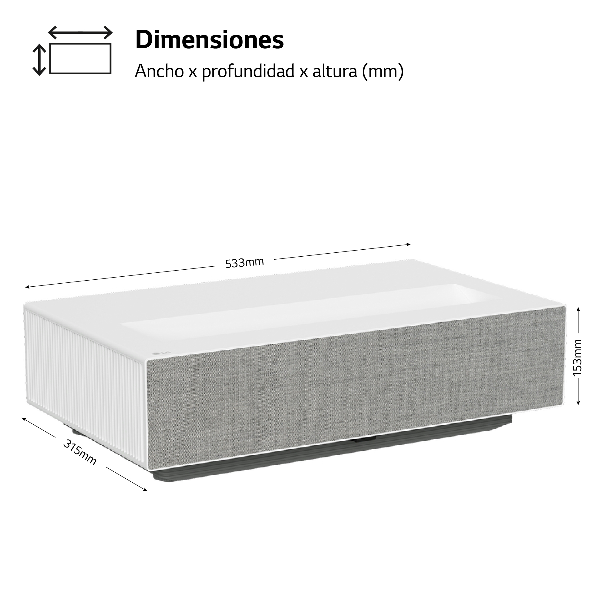 Proyector blanco con dimensiones. El proyector es blanco con tela gris al frente.