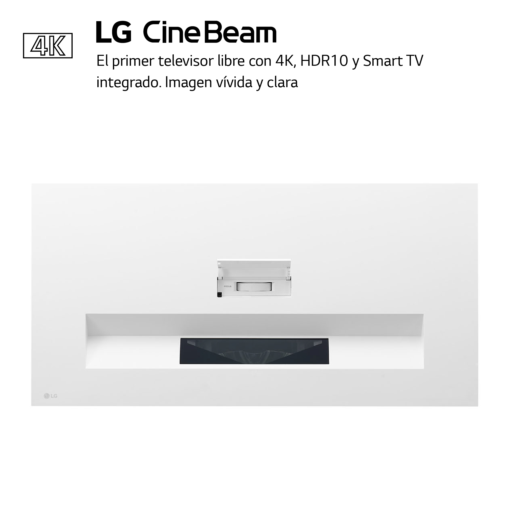 Proyector LG CineBeam blanco con superposición de texto sobre blanco.
