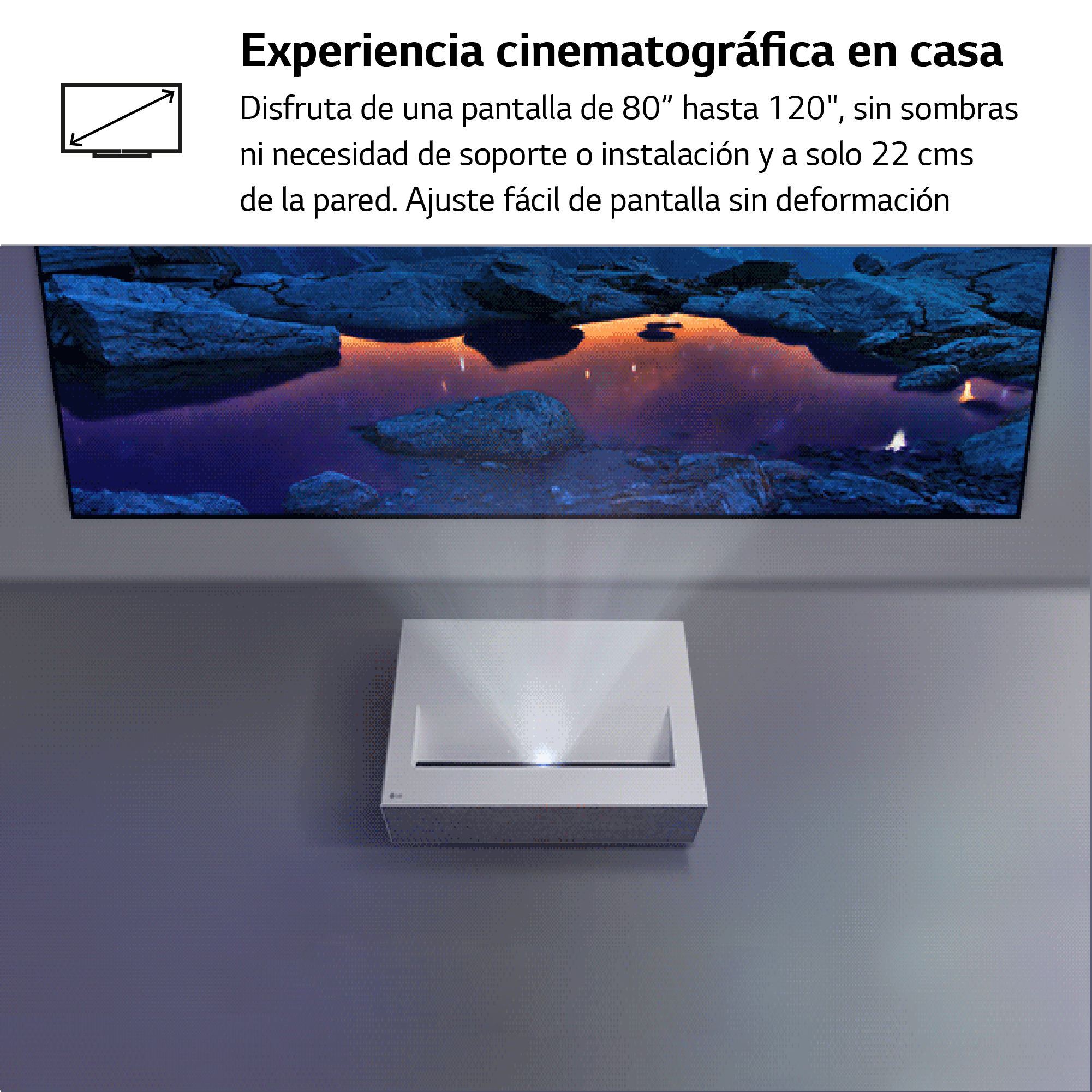 Un proyector proyecta una escena de paisaje en una pared. El texto superior dice 'Experiencia de cine en casa'.