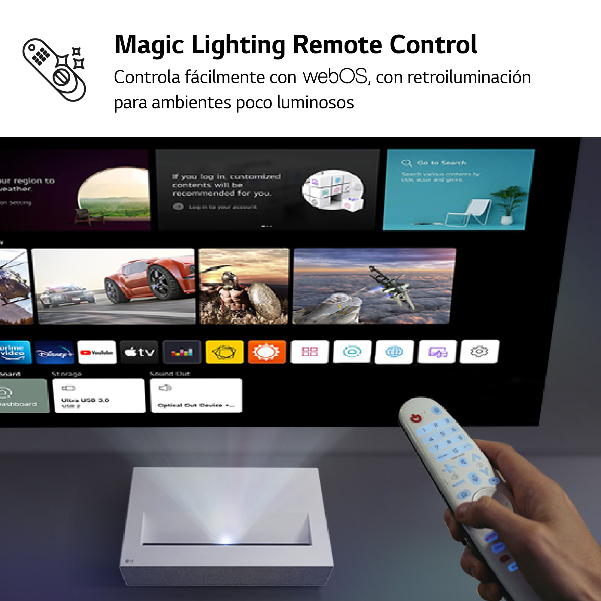 Un proyector y un mando a distancia sobre una mesa. Una pantalla muestra un menú con aplicaciones.