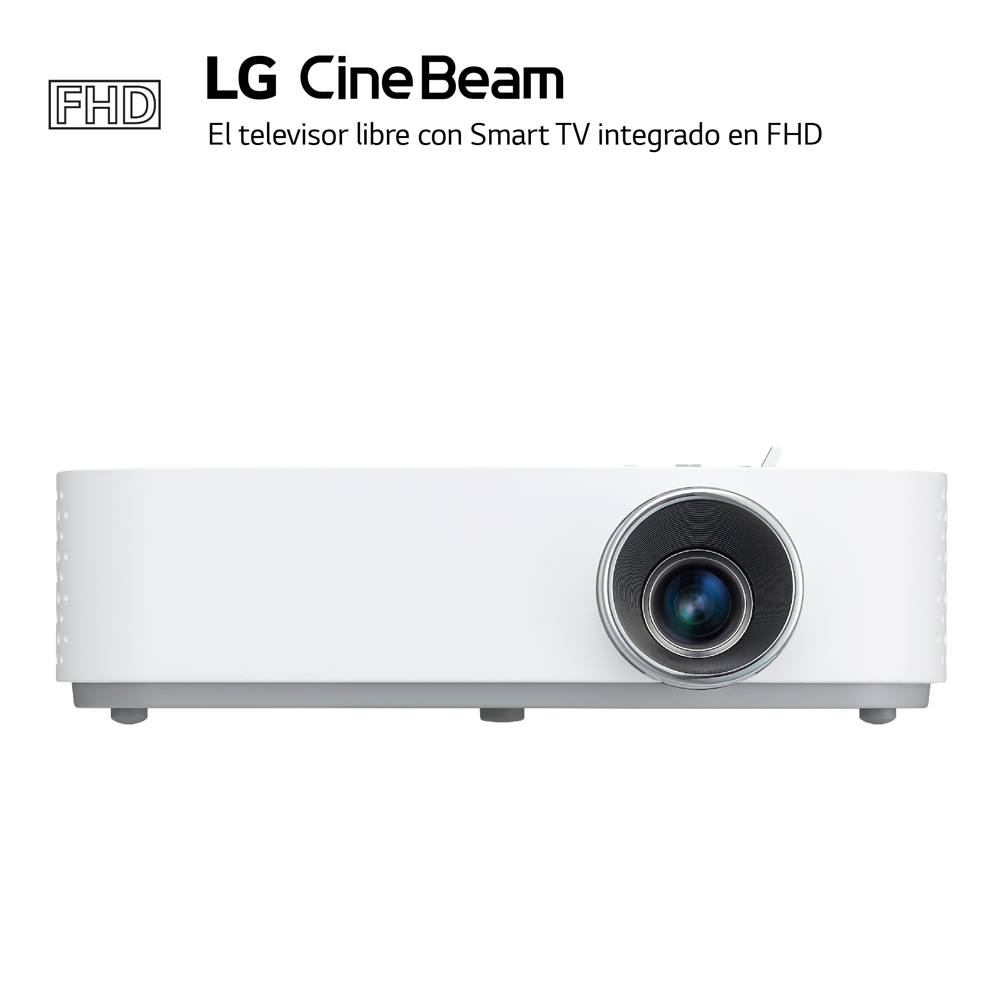 Un proyector LG CineBeam blanco con lente y fondo negro.