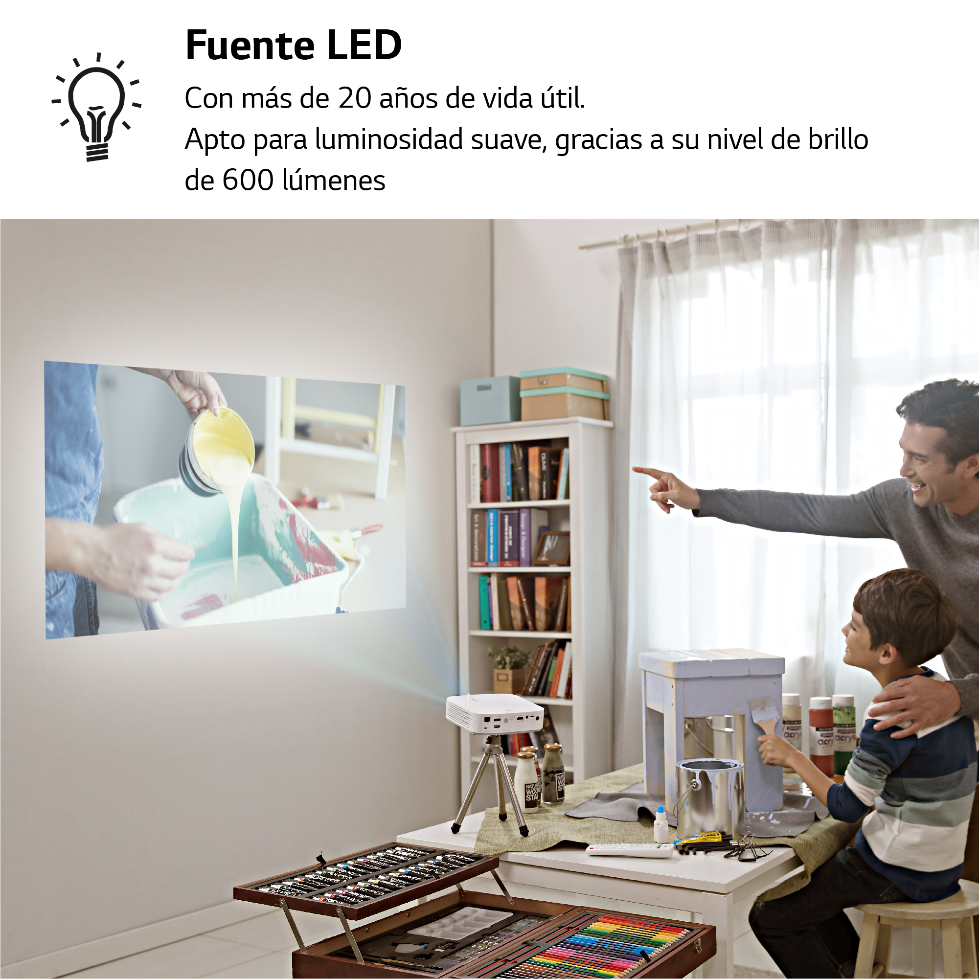 Un proyector proyecta una pintura en una pared. Un hombre y un niño están en la habitación. Hay pinturas y pinceles.