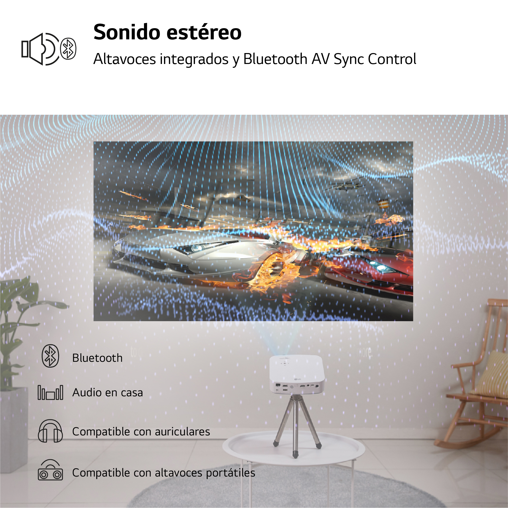 Un proyector está sobre una mesa. El texto muestra características: Bluetooth, audio en casa, auriculares y altavoces portátiles.