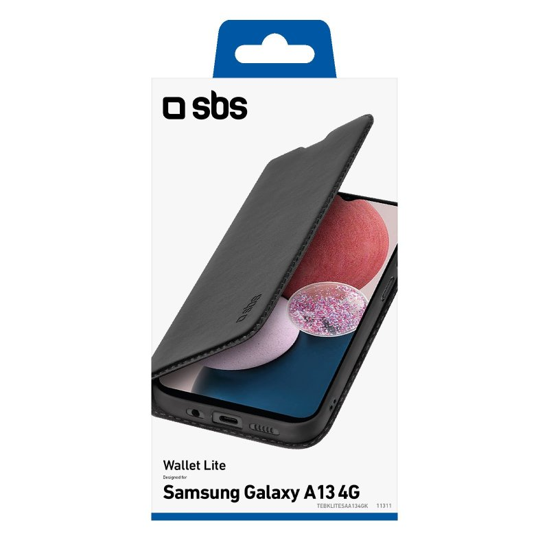 Schwarze Handyhülle mit Handy in der Hülle. Der Text Samsung Galaxy A13 4G.