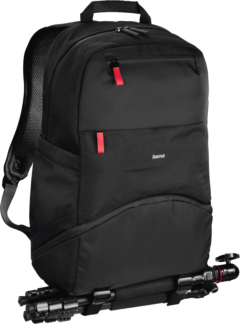 Sac à dos noir avec des accents rouges. Trépied fixé en bas. Logo Hama présent.