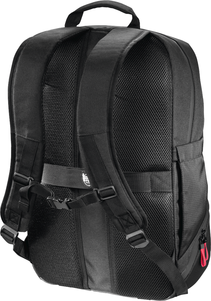 Sac à dos noir, vue arrière, avec bretelles rembourrées et dos en maille.