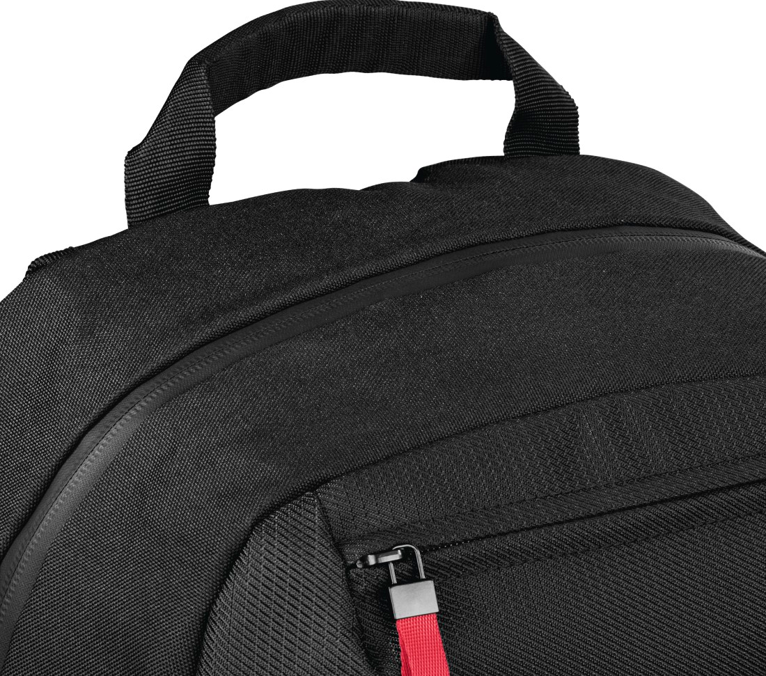 Sac à dos noir avec une poignée sur le dessus. Fermeture éclair avec tirette rouge visible. Matière texturée.