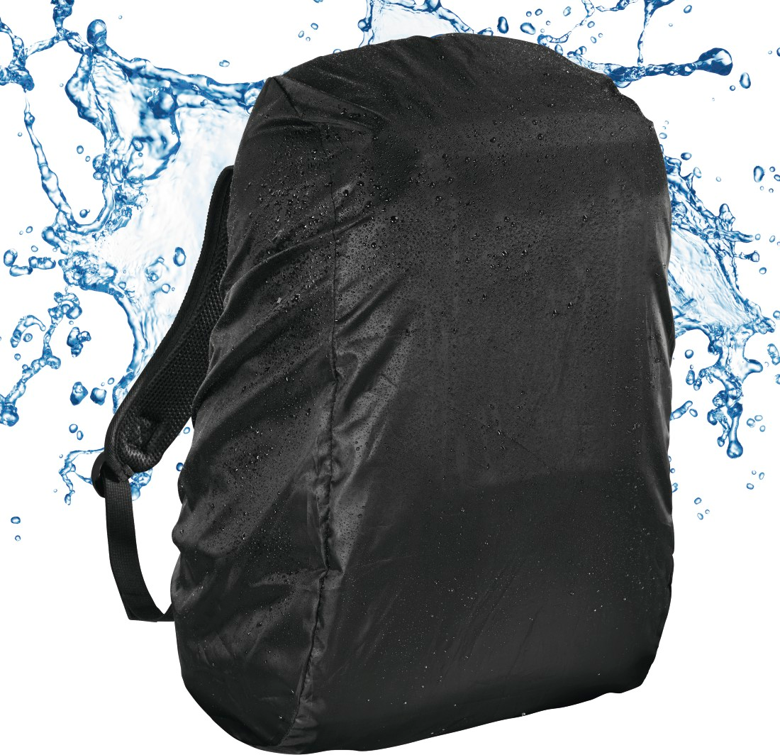 Sac à dos noir avec des gouttes d'eau et des éclaboussures d'eau.