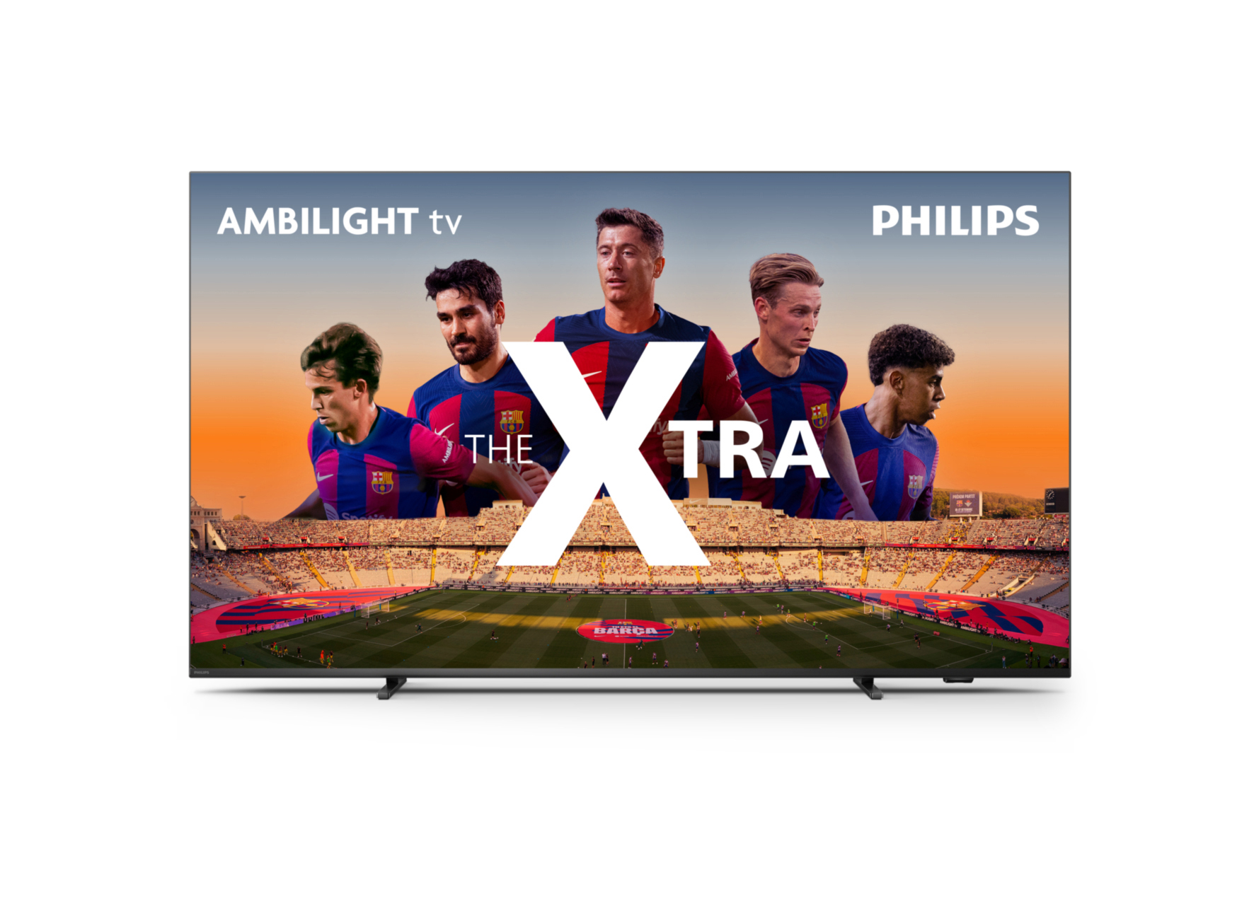 Philips Ambilight TV, das ein Fußballspiel zeigt, mit dem Wort „XTRA“ in der Mitte.