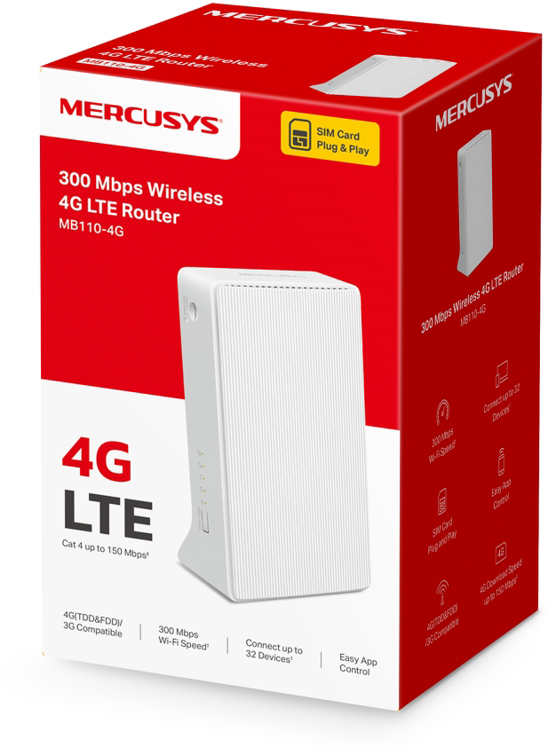Egy piros-fehér Mercusys 4G LTE router doboza, amely a routert és annak funkcióit mutatja.