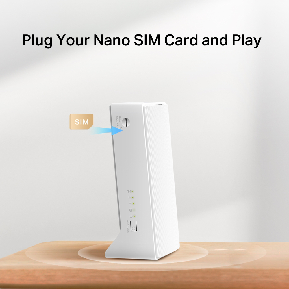 Egy fehér eszköz egy faasztalon, SIM-kártya behelyezése. Szöveg: Csatlakoztassa a Nano SIM kártyáját.