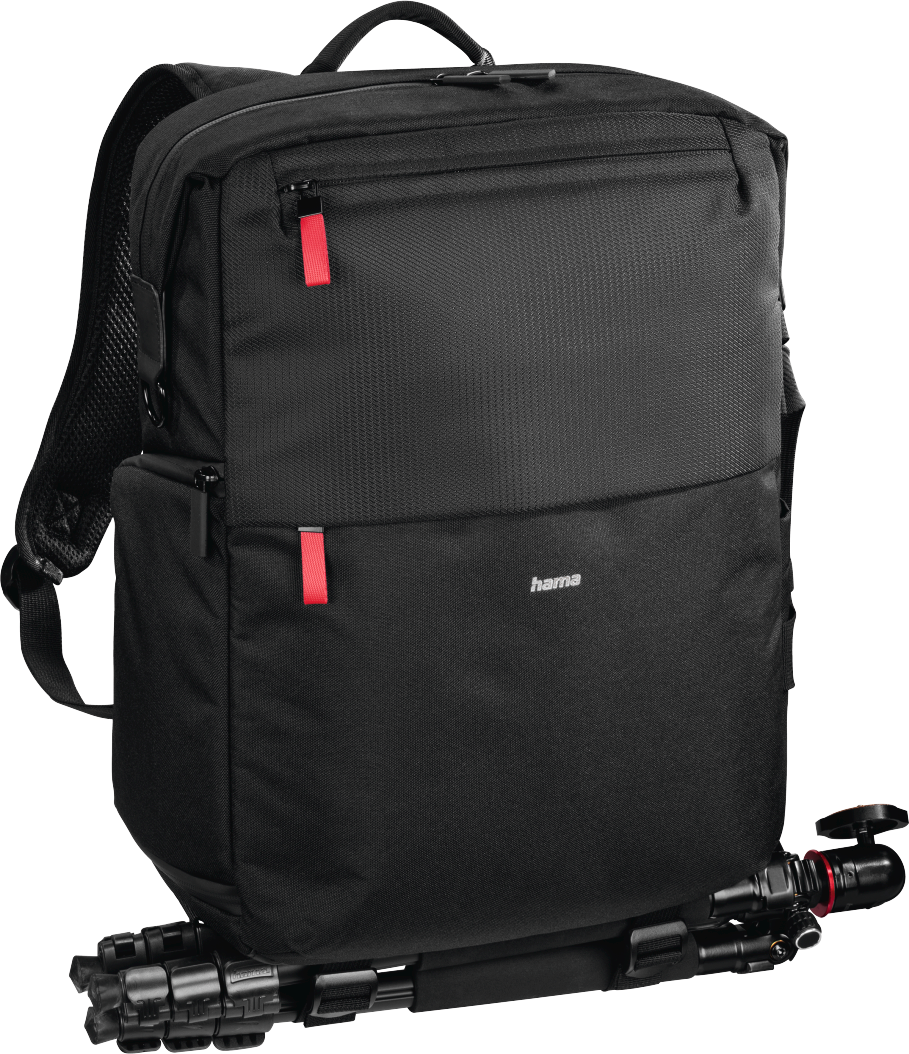 Sac à dos noir avec des accents rouges. Trépied fixé en bas. Logo Hama présent.