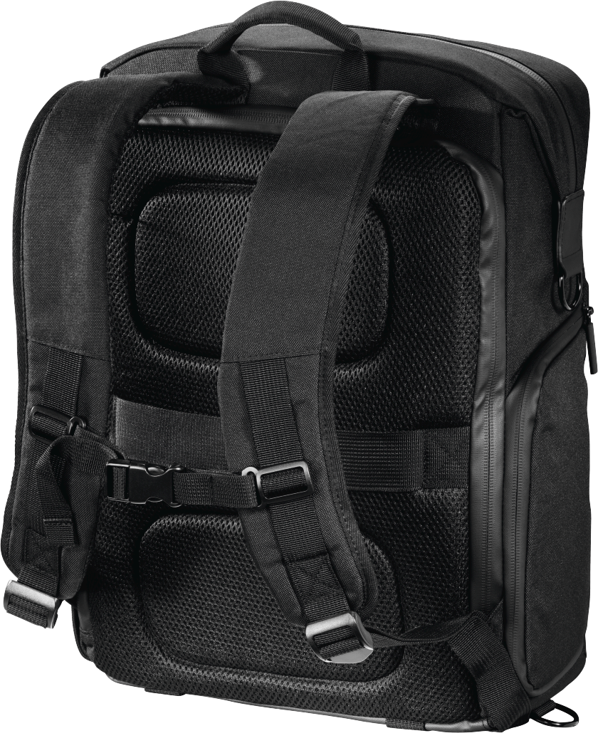 Sac à dos noir, vue arrière. Dos et bretelles en maille. Fermeture à boucle.