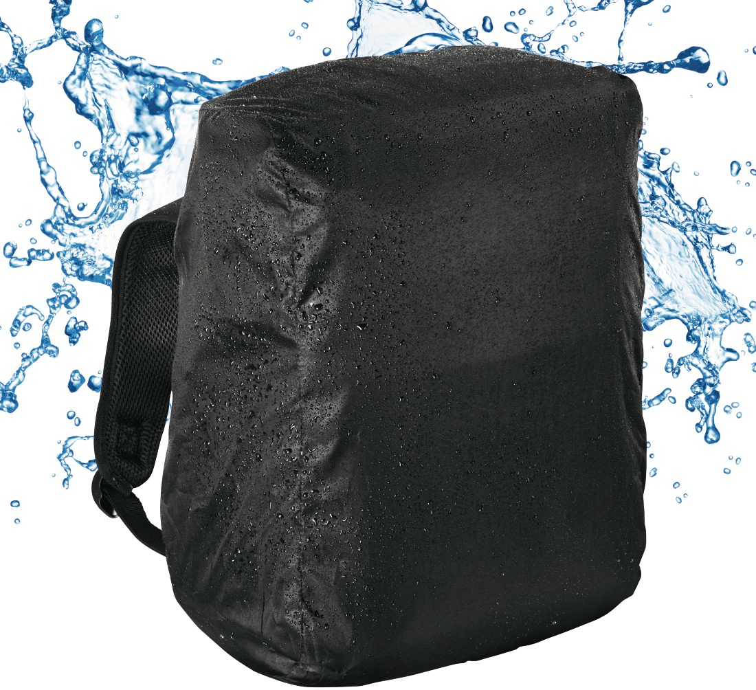 Sac à dos noir couvert de gouttelettes d'eau, avec des éclaboussures d'eau. Le sac à dos a des bretelles et un dos en maille.