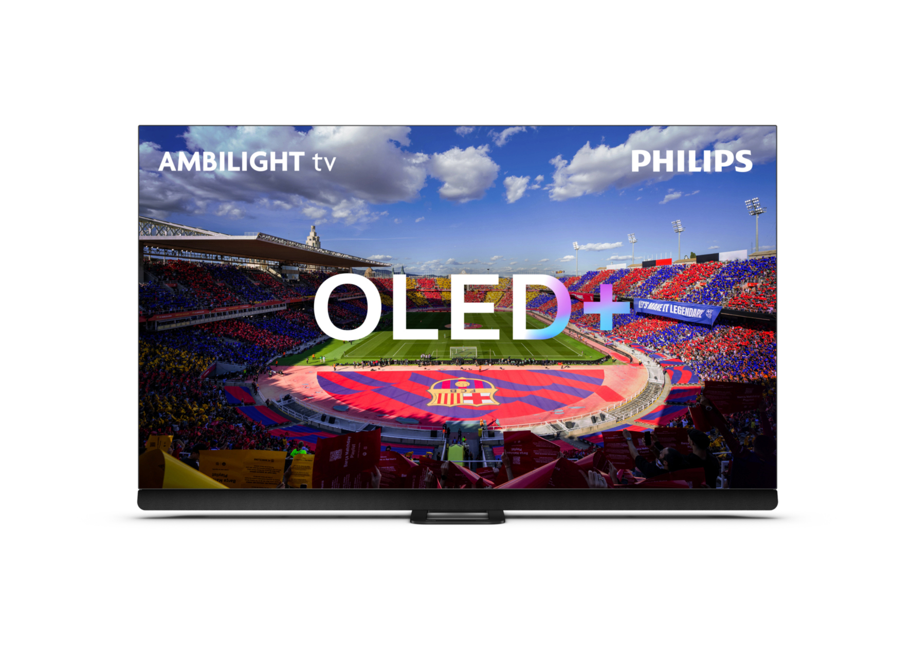 Philips OLED+ Fernseher, der ein Stadion mit blauem Himmel und Wolken zeigt.