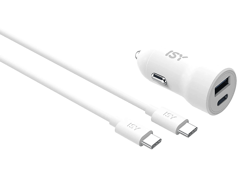 ISY ICC-9000 autós töltő + 2m USB-C töltőkábel (2V225551), fehér