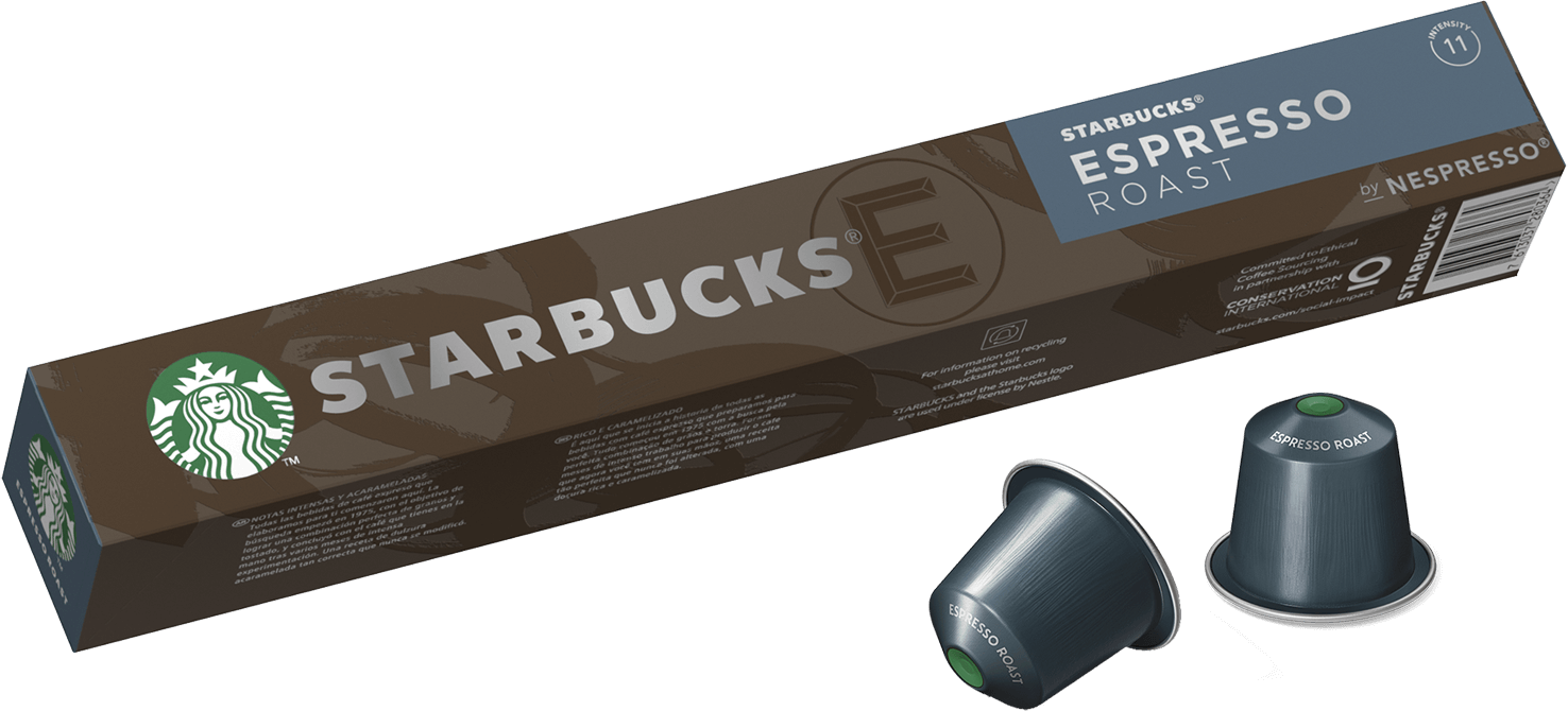 Capsule di caffè Starbucks Espresso Roast in una scatola, con due capsule davanti.