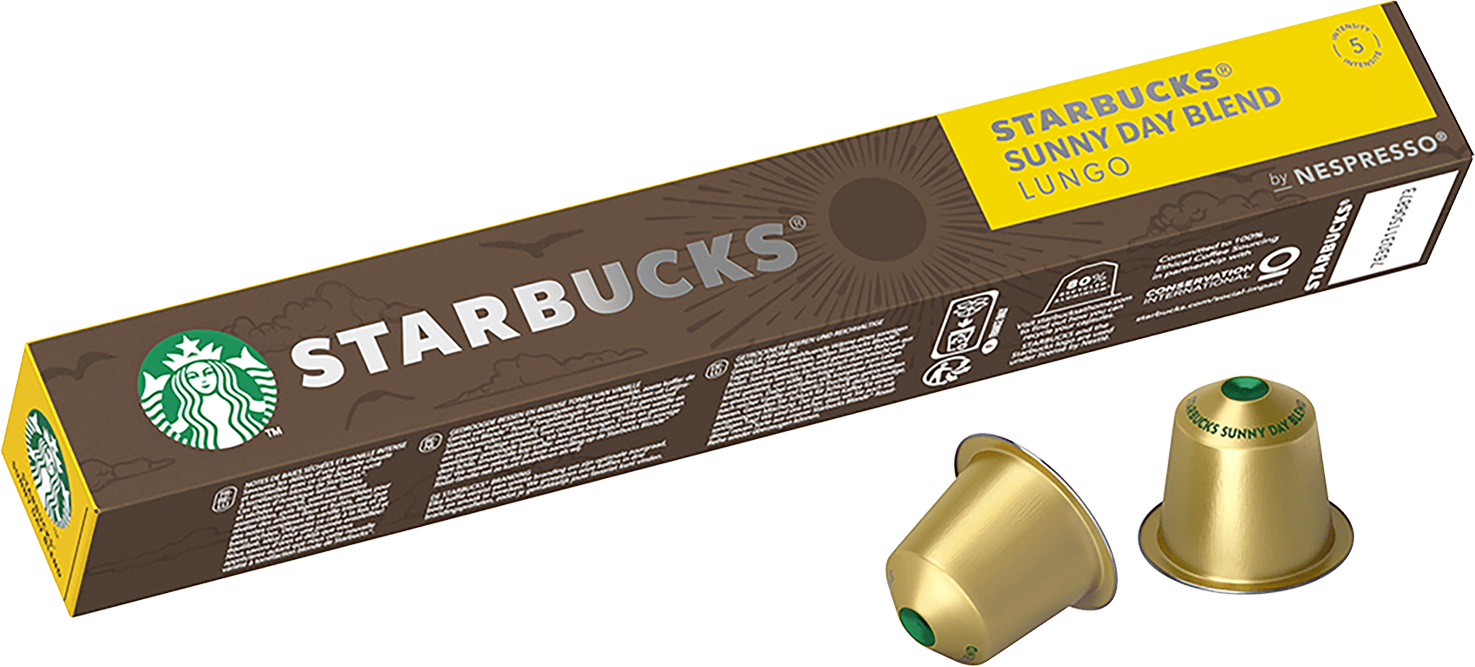 Capsule di caffè Starbucks Sunny Day Blend in una scatola, con due capsule accanto.