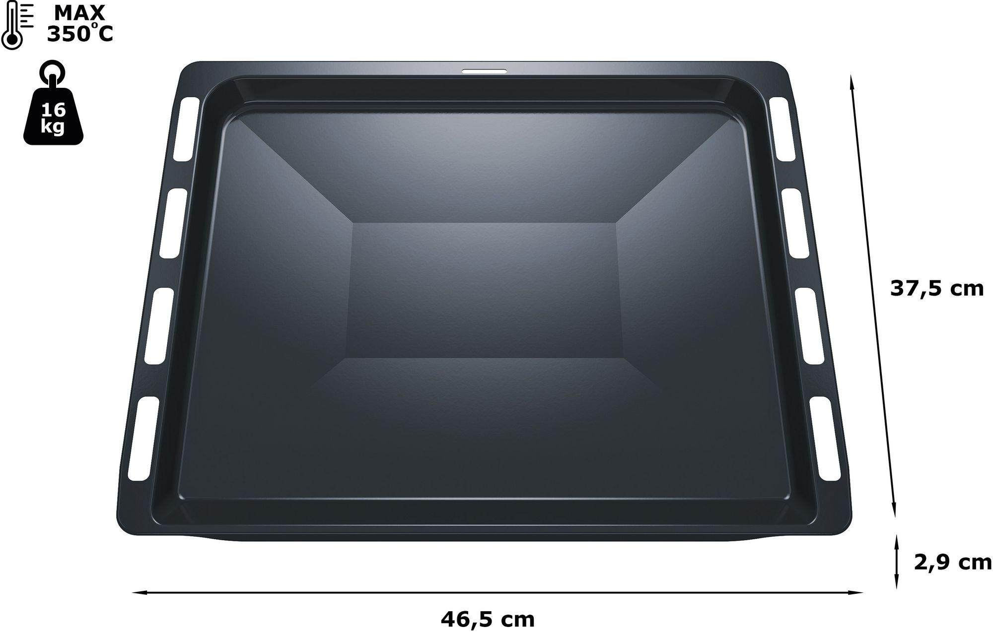 Schwarzes Backblech mit Maßangaben: 46,5 cm breit, 37,5 cm lang und 2,9 cm tief.