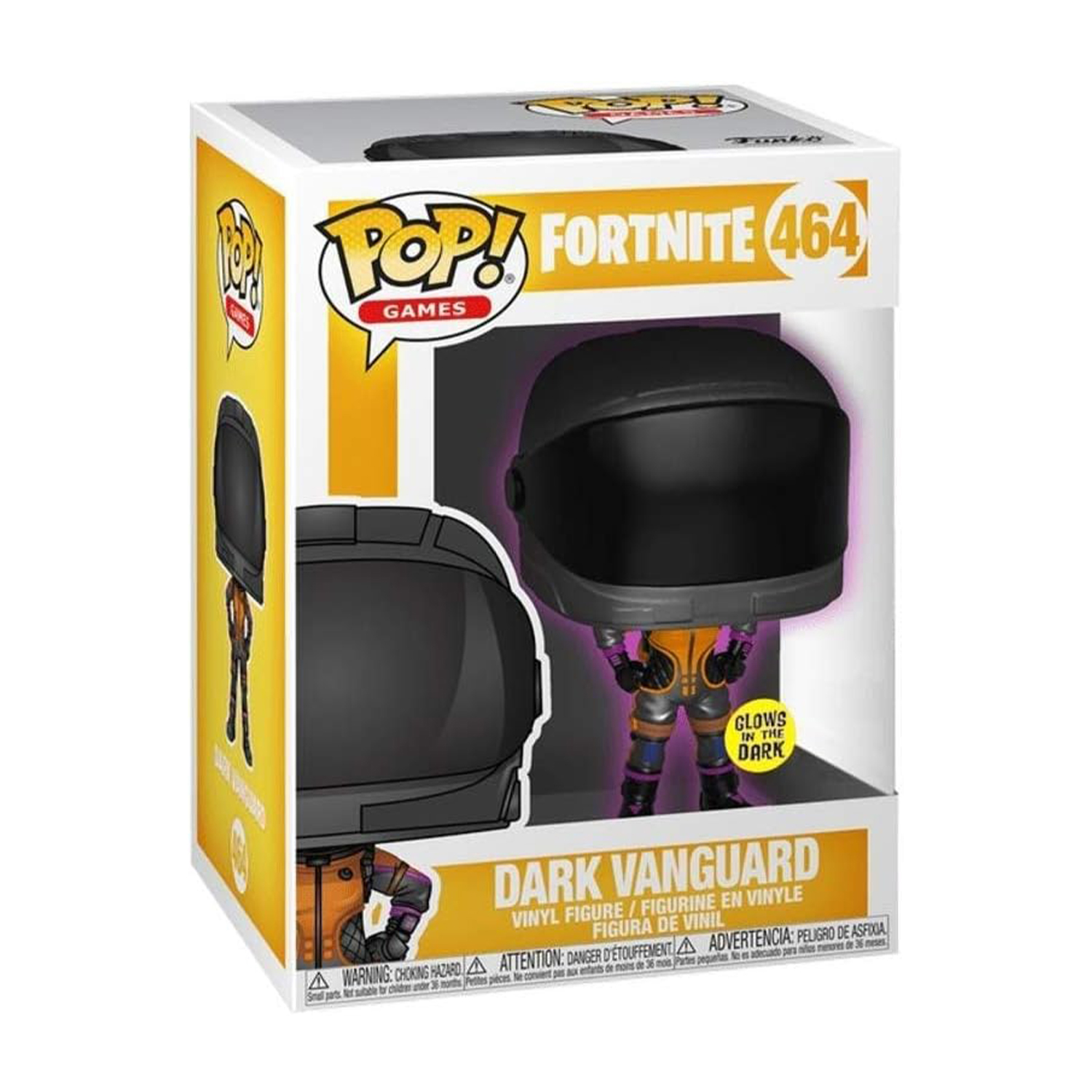 Una figura di Fortnite Dark Vanguard in una scatola. La figura si illumina al buio.